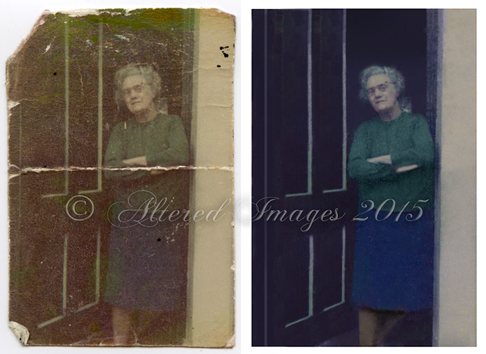 photo restoration of lady stand in door way