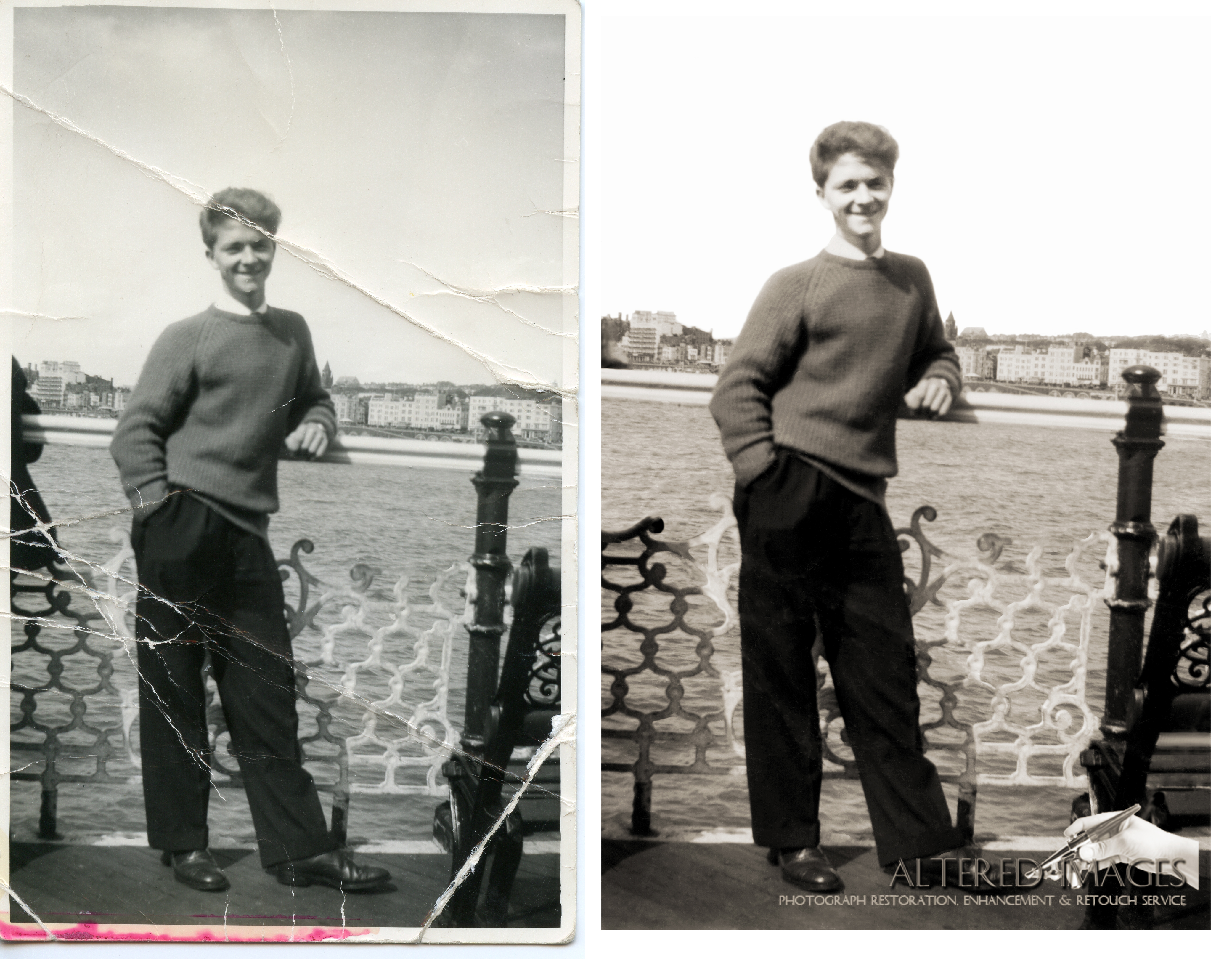 Photo Restoration of young man stood on the pier at Blackpool